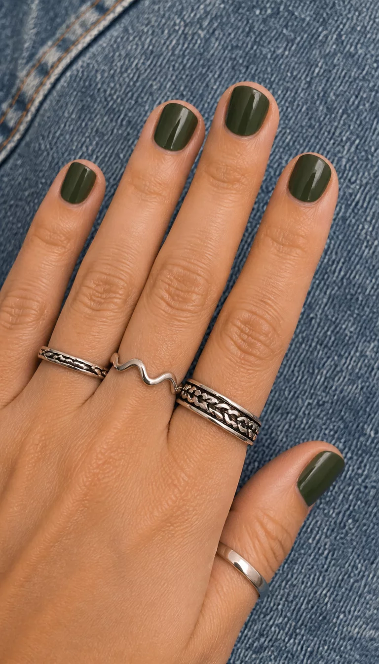 close-up shot of a woman’s hand with five fingers showing short, rounded nails in a dark olive green, wearing silver rings, denim fabric background.