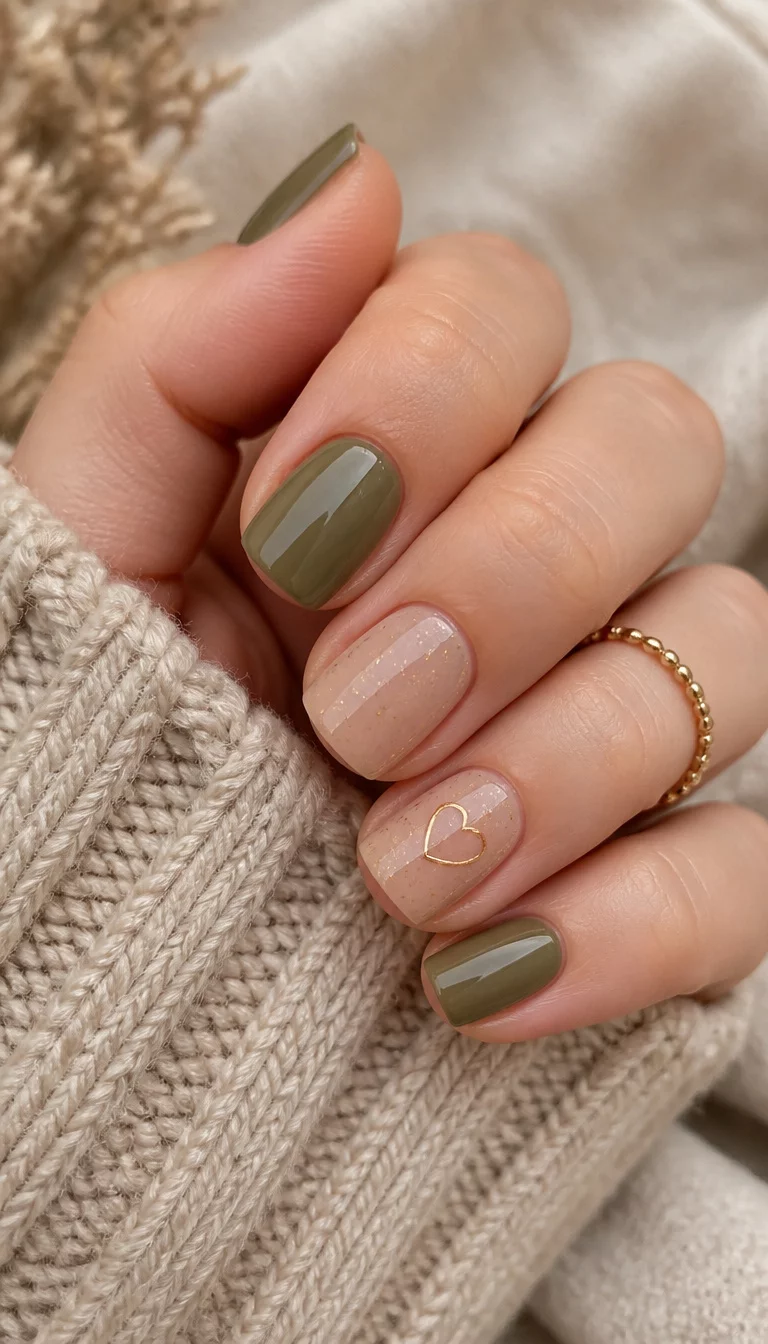 close-up shot of a woman’s hand with five fingers showing short, squoval nails in olive green and a sheer beige shade with subtle gold specks and a delicate heart outline, cozy sweater background.
