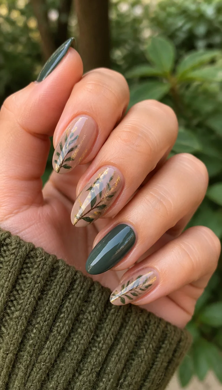 close-up shot of a woman’s hand with five fingers showing almond-shaped nails featuring a sheer tan base with painted green leaf vines and gold accents, plus solid teal nails, natural outdoor background.