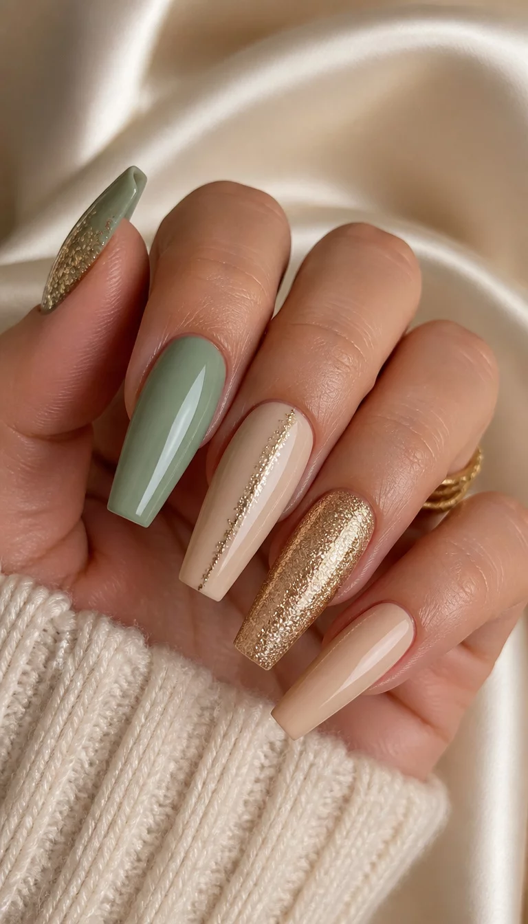 close-up shot of a woman’s hand with five fingers showing coffin-shaped nails featuring a mix of sage green and pale tan polish, with gold glitter accents, cream silk background.