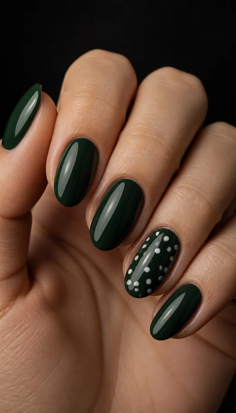 close-up shot of a woman’s hand with five fingers showing oval nails in a deep, glossy forest green, with one nail featuring a scattering of white polka dots, dark background.