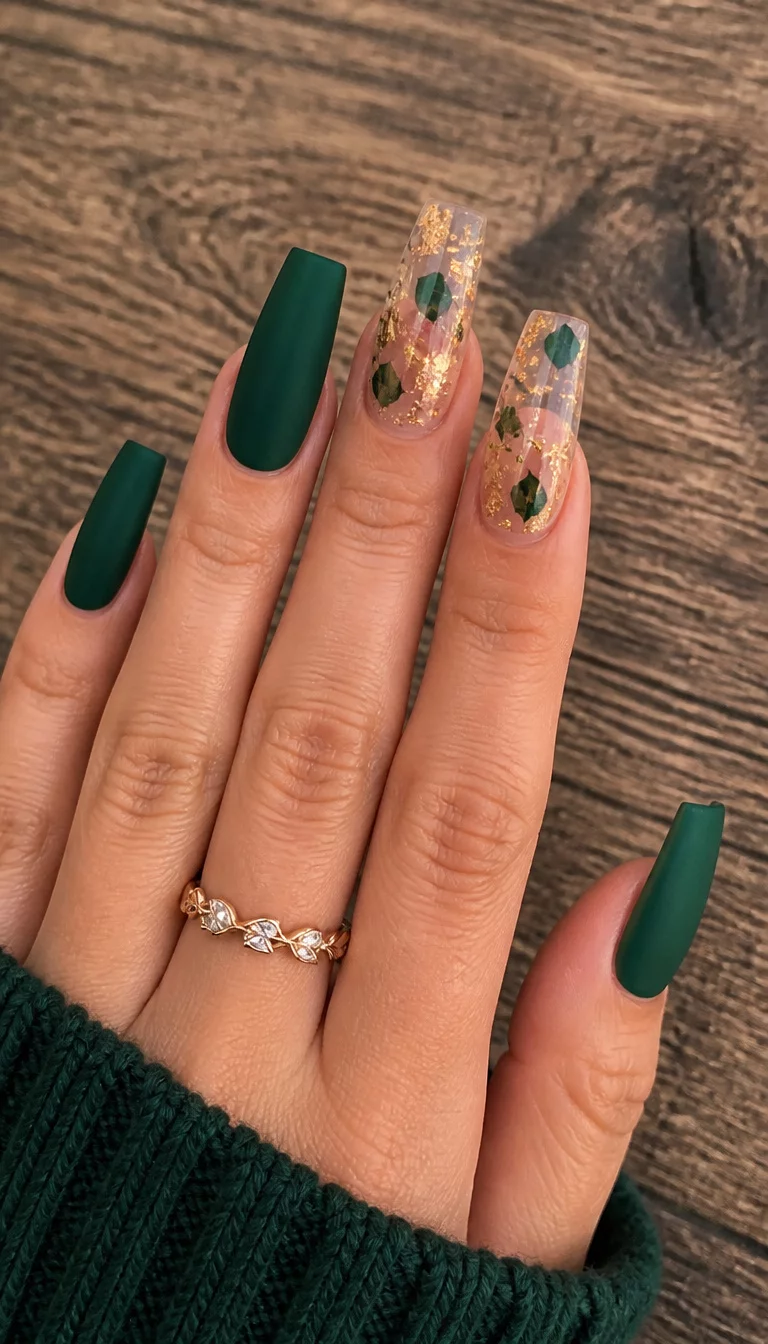 close-up shot of a woman’s hand with five fingers showing deep green matte coffin nails mixed with clear nails featuring gold and leaf-shaped flakes, wood grain background.