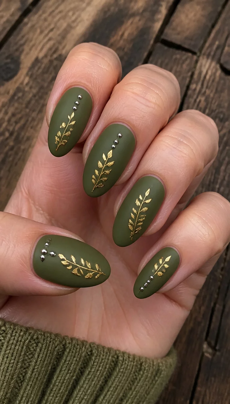 close-up shot of a woman’s hand with five fingers showing almond-shaped nails in a matte olive green, decorated with golden leaf decals and small silver studs, rustic wooden background.