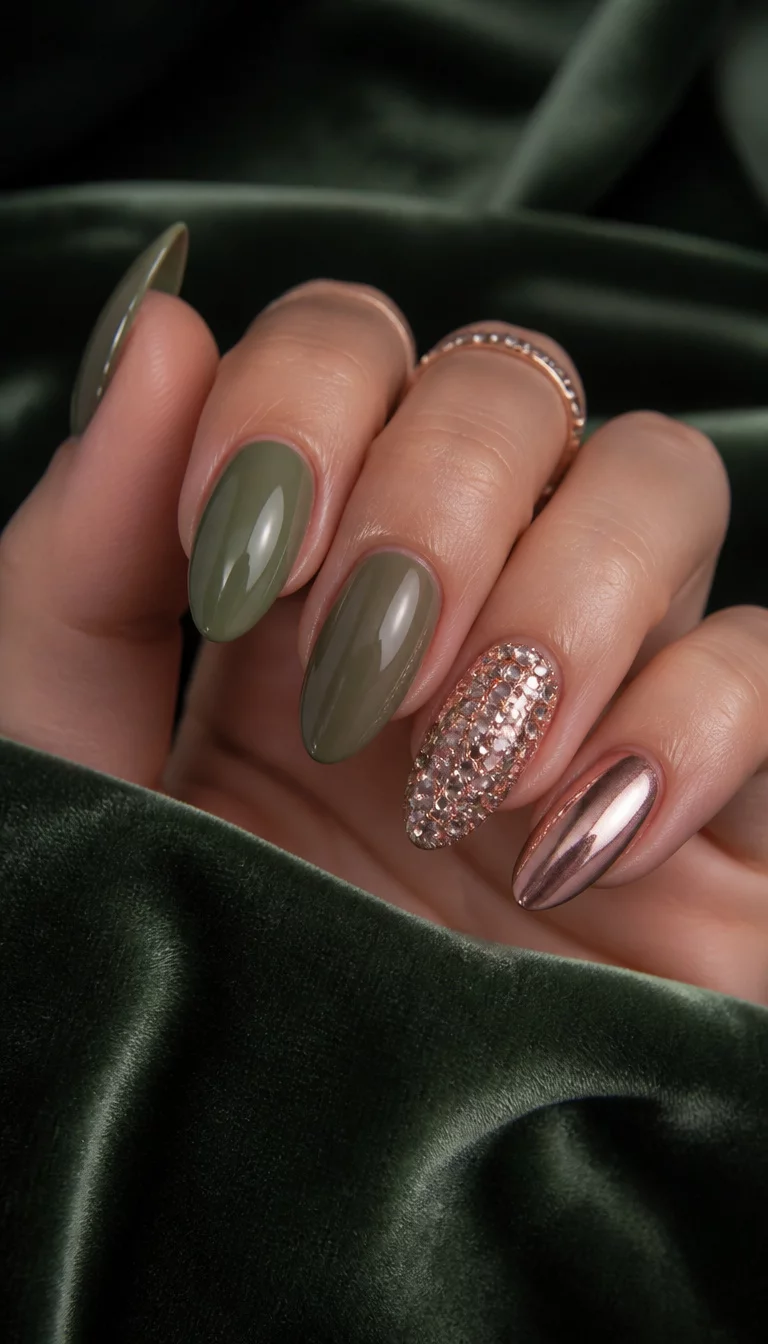 close-up shot of a woman’s hand with five fingers showing almond-shaped nails in a muted moss green, with one nail heavily adorned in rose gold rhinestones and another with a pinkish-metallic chrome effect, luxury velvet background.
