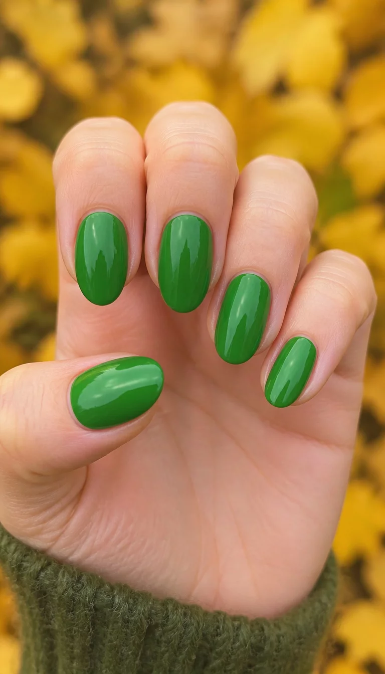 close-up shot of a woman’s hand with five fingers showing vivid green, glossy, oval nails, blurred yellow autumn leaves background.