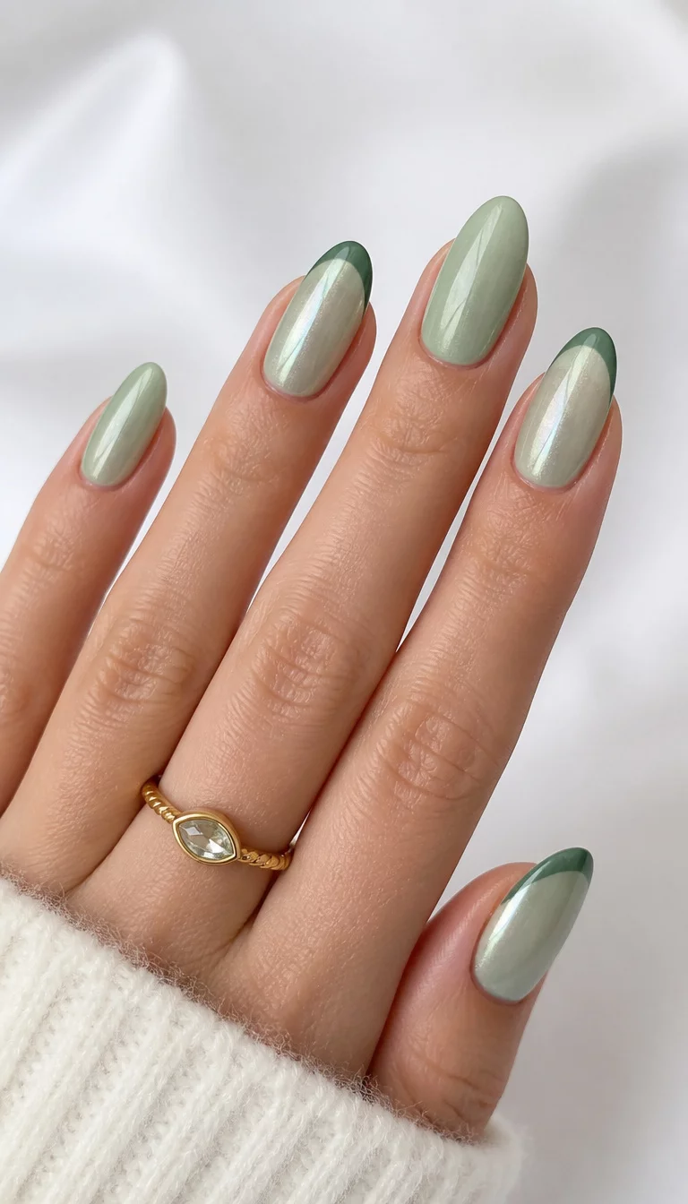close-up shot of a woman’s hand with five fingers showing almond-shaped nails in a subtle sage green, with some featuring a French tip design using a darker green and a pearlescent finish, soft white background.