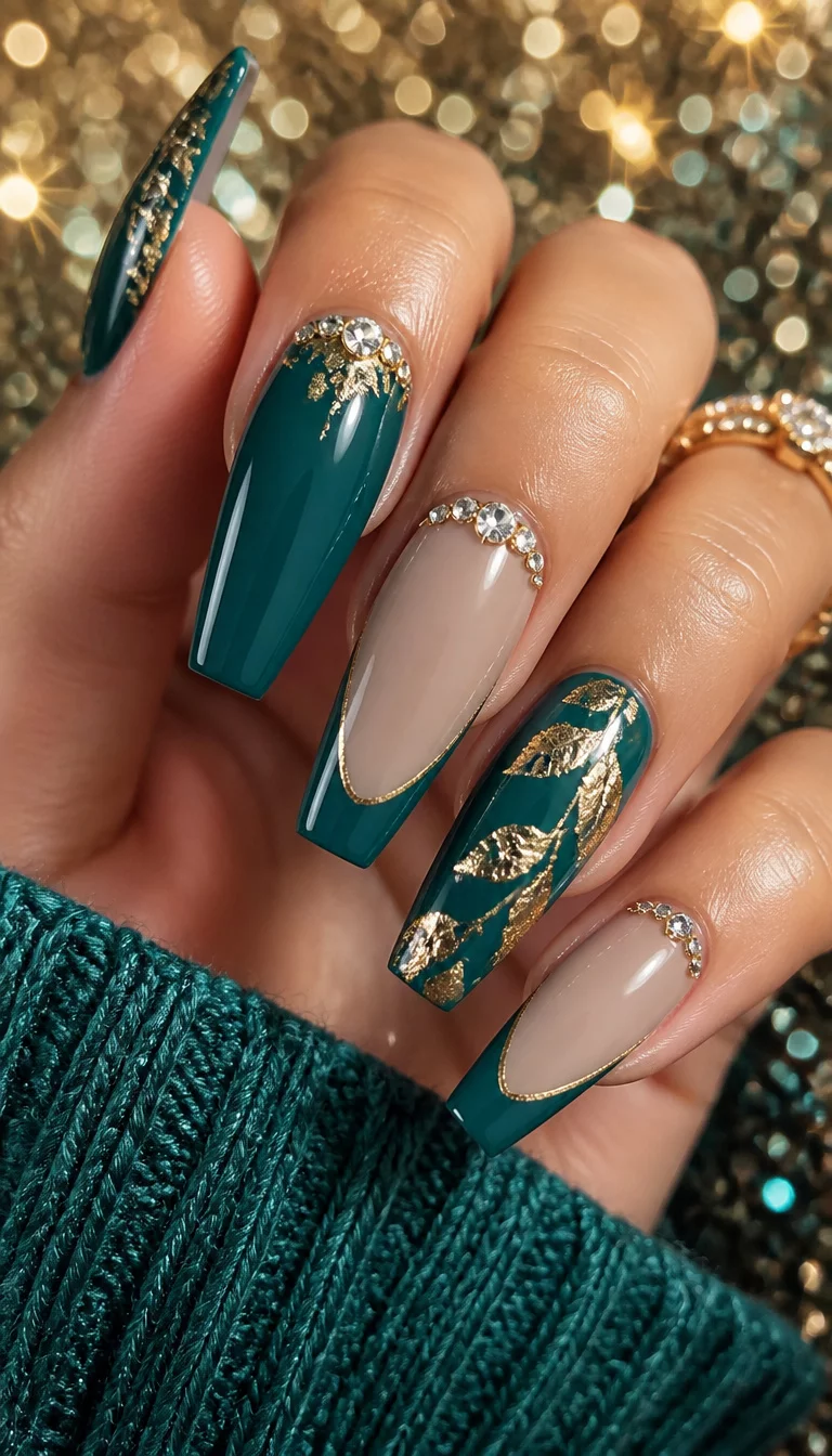 close-up shot of a woman’s hand with five fingers showing long coffin nails in deep teal and a neutral tan shade, featuring gold leaf accents, French tips, and rhinestone embellishments, sparkling background.