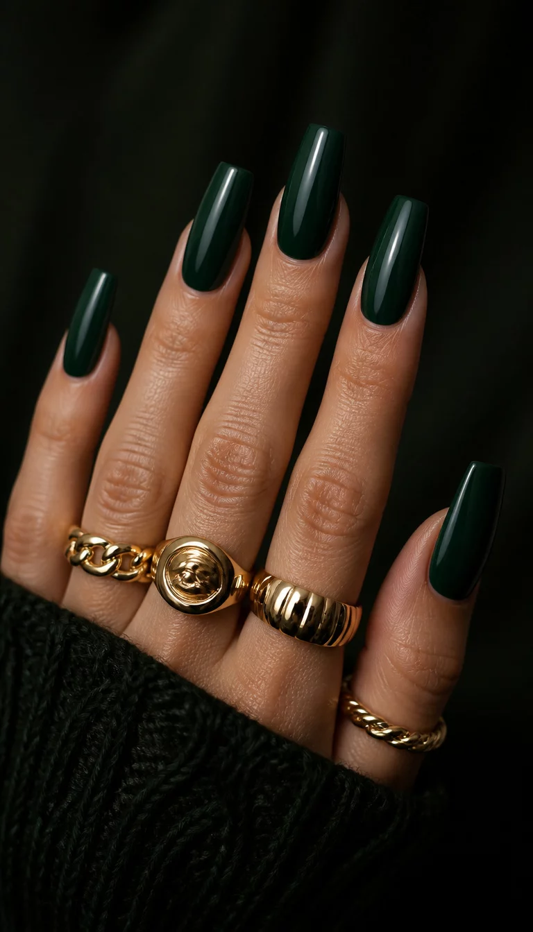 close-up shot of a woman’s hand with five fingers showing long, coffin-shaped nails in a deep, glossy emerald green, worn with several gold chunky rings, dark moody background.