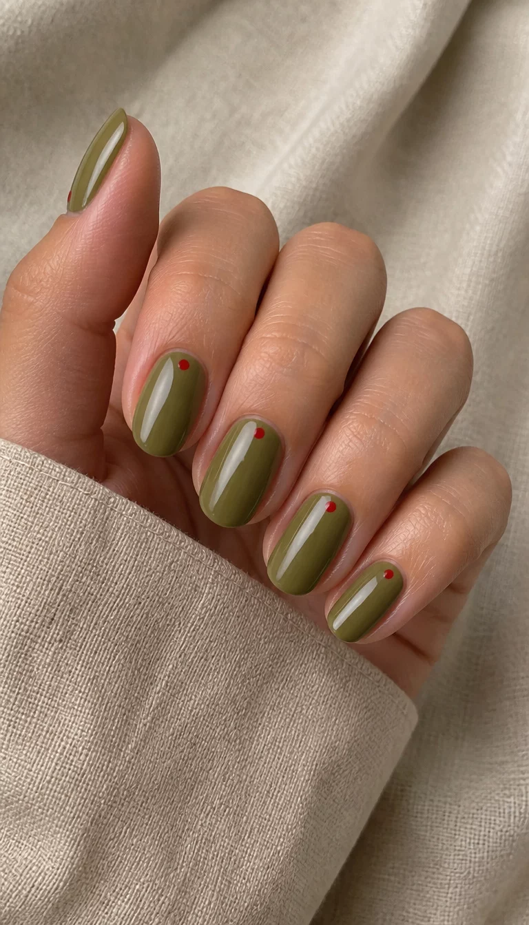 close-up shot of a woman’s hand with five fingers showing oval nails in a glossy olive green with simple, small red dot accents at the base, linen fabric background.