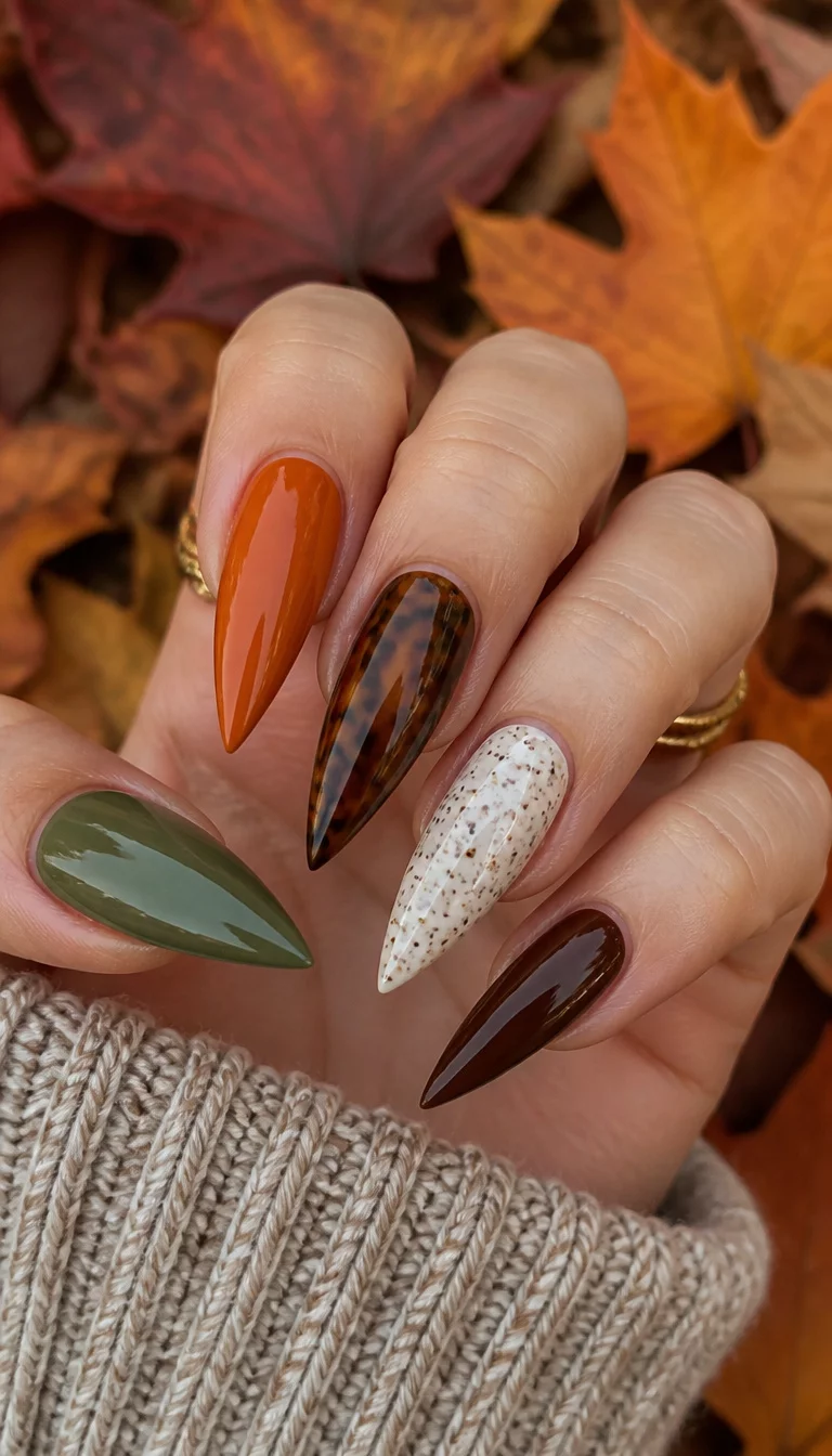 close-up shot of a woman’s hand with five fingers showing stiletto nails in various colors including olive green, burnt orange, tortoise shell, and a white speckled design, autumn leaf background.