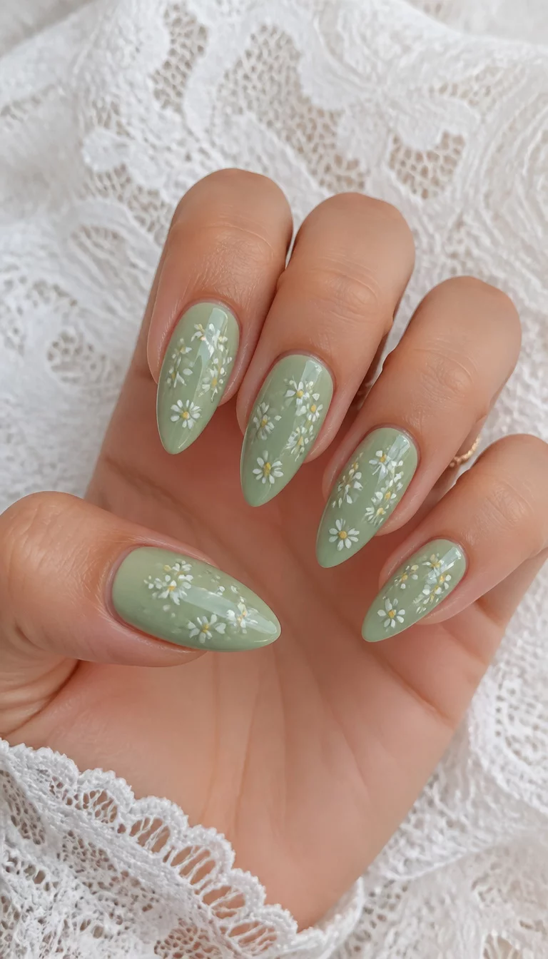 Sage Green Floral Accents close-up shot of a woman’s hand with five fingers showing nails with long almond-shaped sage green nails decorated with small white daisies, white lace background.