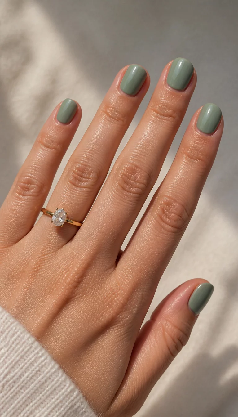 Dusty Green Elegance With Gold close-up shot of a woman’s hand with five fingers showing nails with short oval nails painted a soft dusty green, one gold ring with a prominent stone on the ring finger.