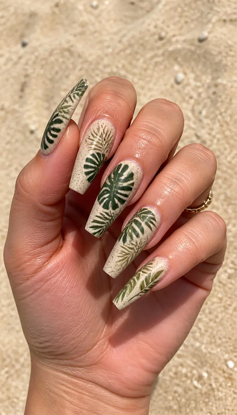 Tropical Paradise Coffin Prints close-up shot of a woman’s hand with five fingers showing nails with long coffin-shaped nails with tropical leaf prints against a sand-colored base, beach sand background.