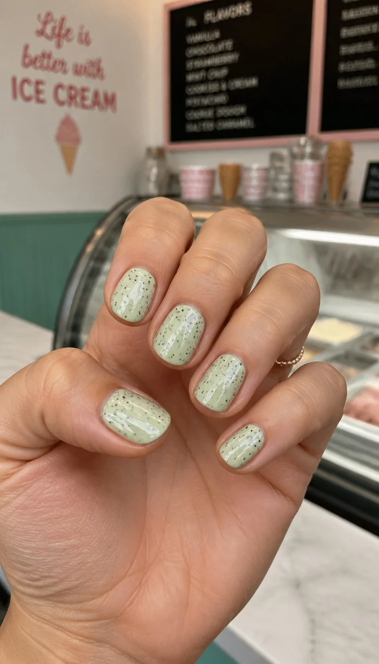 Mint Chocolate Chip Speckles close-up shot of a woman’s hand with five fingers showing nails with short oval-shaped nails painted light green with a black speckled design, ice cream parlor background.
