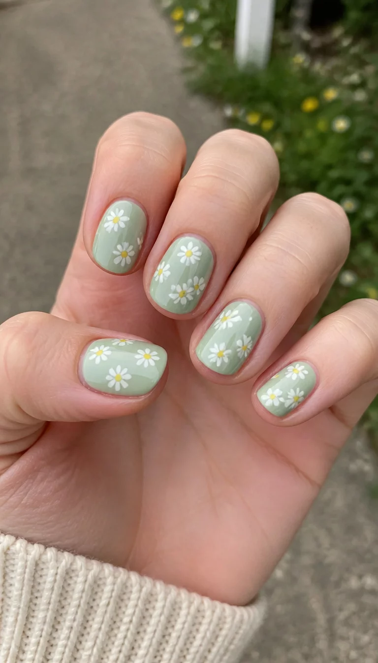 Simple Mint Daisy Patterns close-up shot of a woman’s hand with five fingers showing nails with short oval-shaped nails painted soft mint green with small white daisies and yellow centers, casual outdoor background.
