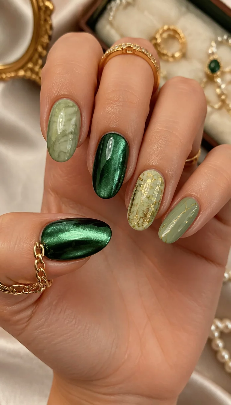 Metallic And Marble Press On Set close-up shot of a woman’s hand with five fingers showing nails with various green press-on designs including metallic finishes and marble effects, elegant jewelry background.