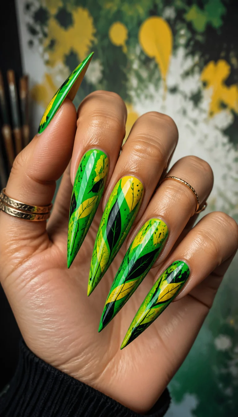 Stiletto Leaf Abstract Art close-up shot of a woman’s hand with five fingers showing nails with very long stiletto-shaped bright green nails with abstract yellow and black leaf shapes, artistic studio background.