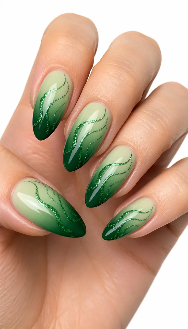Glittery Emerald Swirl Gradients close-up shot of a woman’s hand with five fingers showing nails with long almond-shaped nails with a gradient of light to dark green and swirling glittery green lines, bright white background.