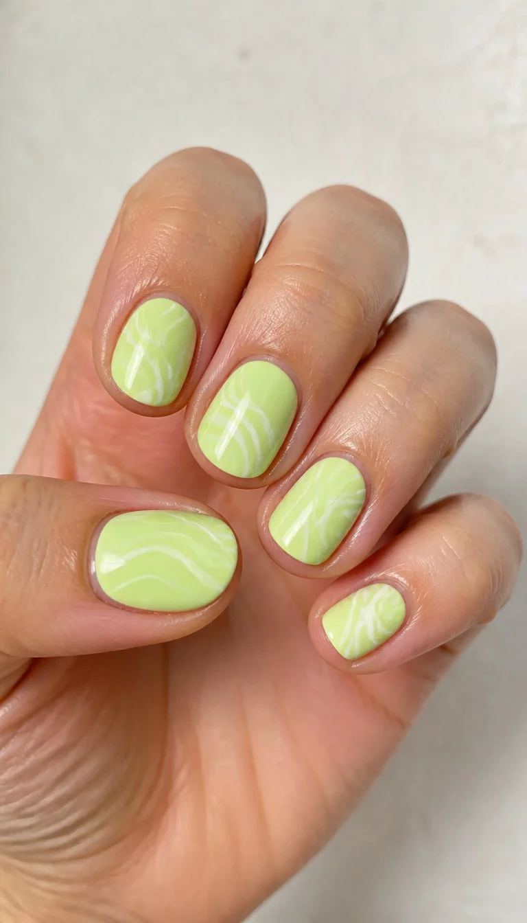 Pale Lime Swirl Art close-up shot of a woman’s hand with five fingers showing nails with short oval nails painted pale lime green with a swirling white line design, light colored surface background.