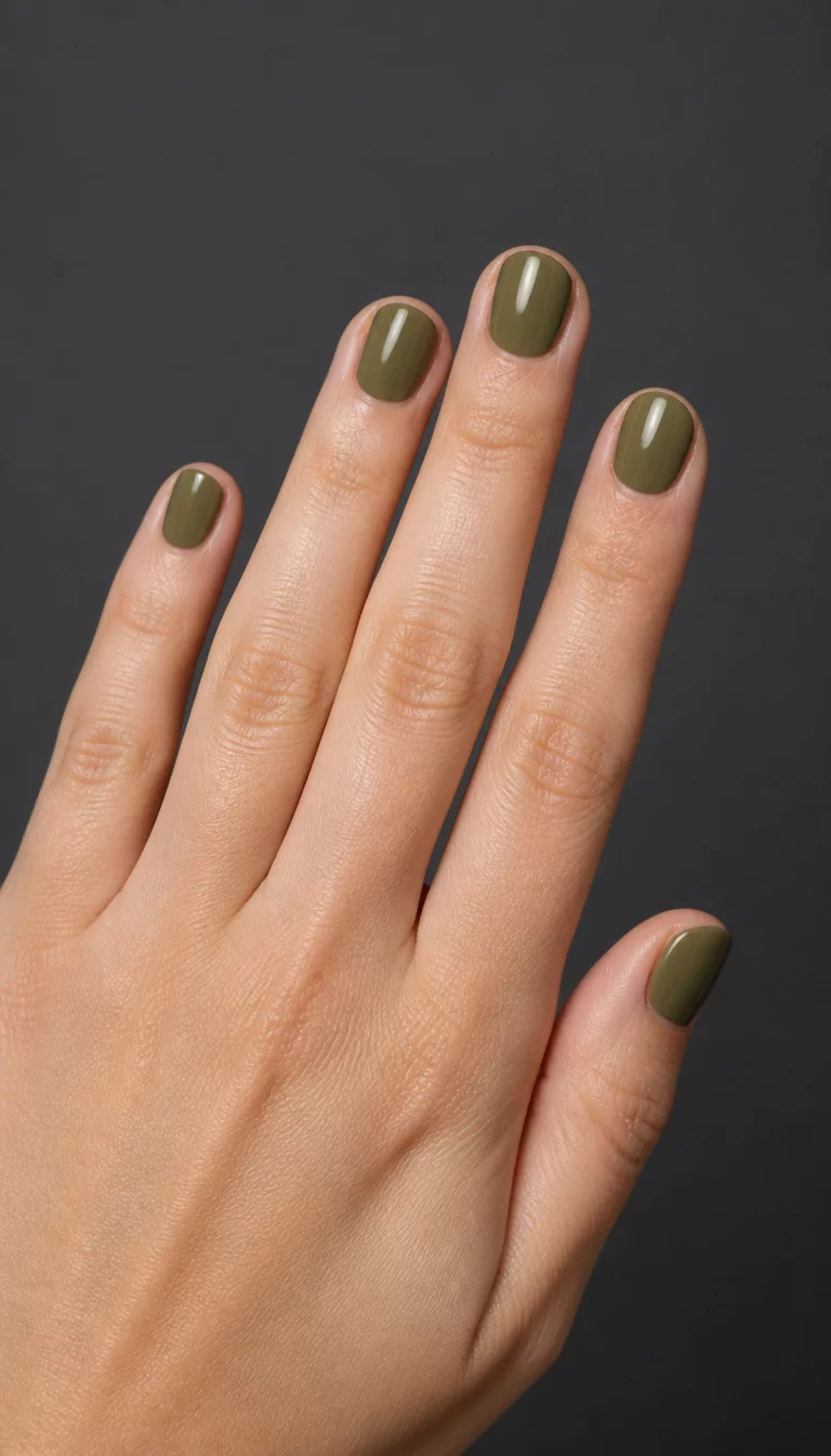 Contemporary Olive Muted Matte close-up shot of a woman’s hand with five fingers showing nails with short oval nails with a muted olive-green polish, plain dark gray background.