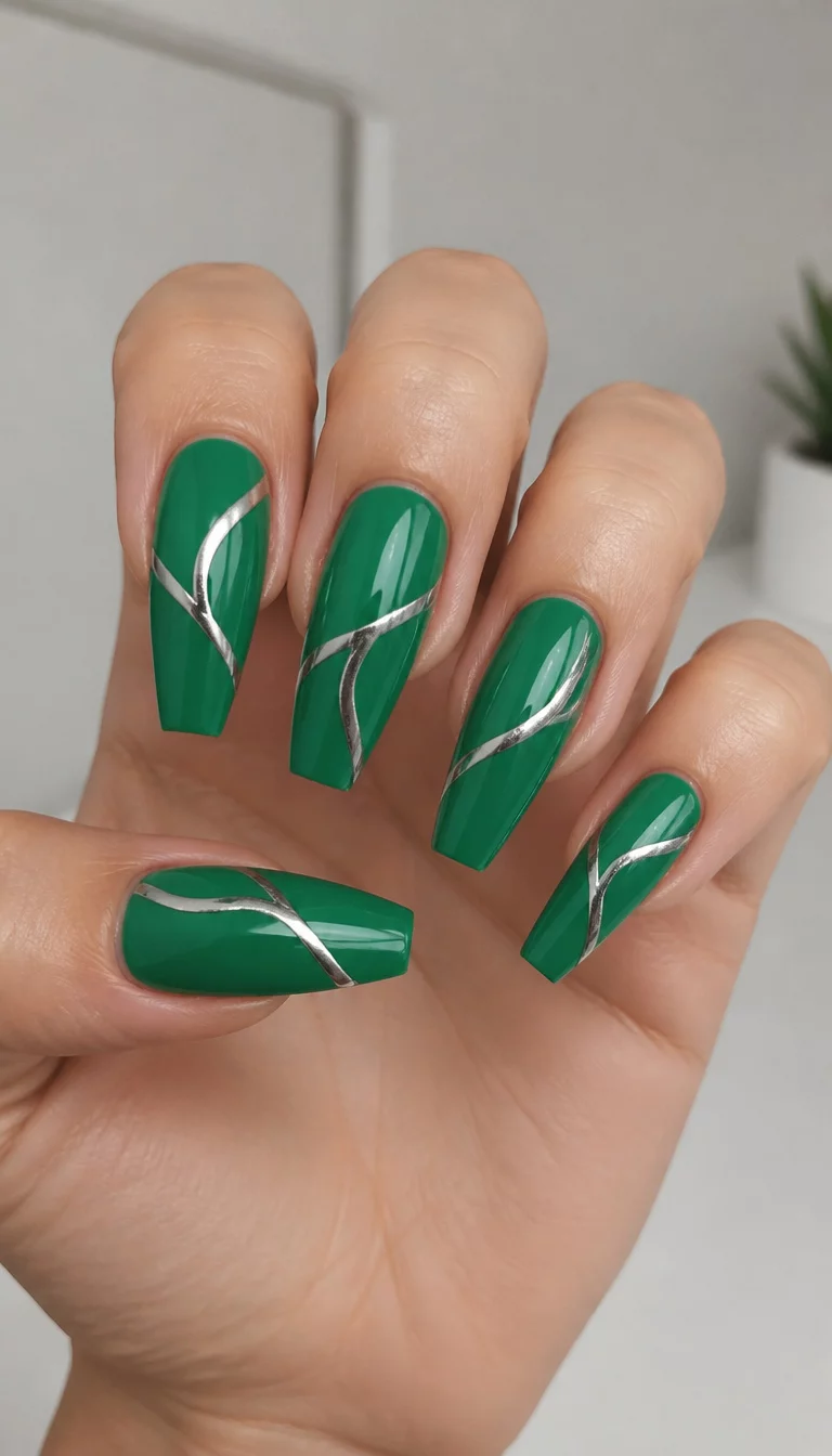 Modern Chrome And Glossy Sculptures close-up shot of a woman’s hand with five fingers showing nails with long sculpted nails painted glossy vibrant green with silver lines wrapping around them, minimalist modern background.