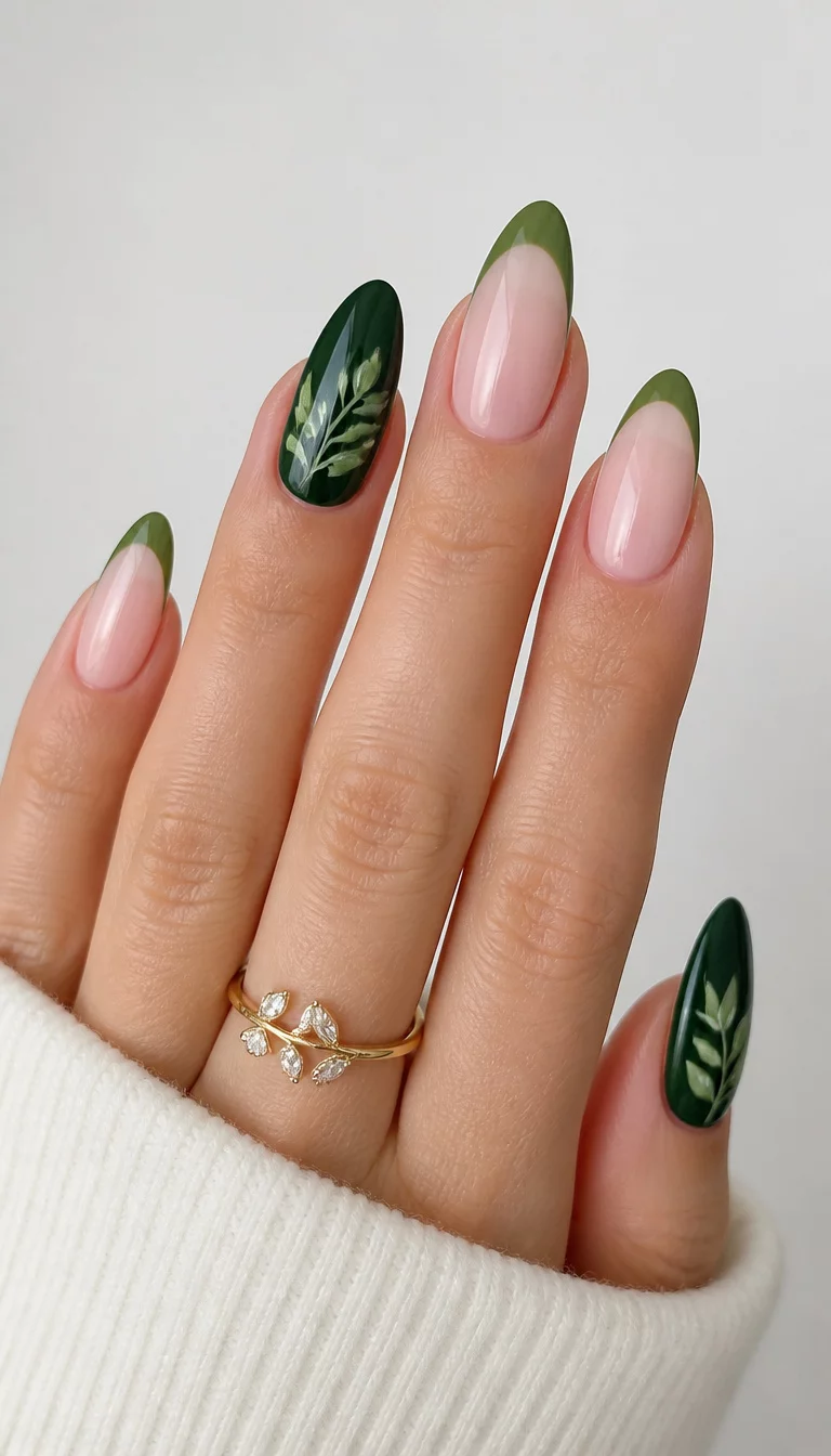 French Tip Nature Fusion close-up shot of a woman’s hand with five fingers showing nails with long almond-shaped nails featuring a natural pink base with green French tips and dark green nails with leaf designs, elegant white background.