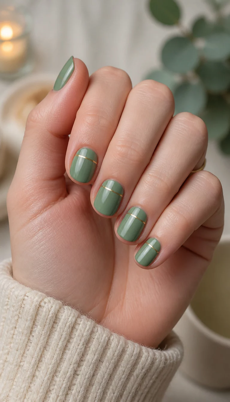 Dainty Mint Minimalism close-up shot of a woman’s hand with five fingers showing nails with short oval-shaped nails painted uniform soft green with a delicate gold band, soft focused lifestyle background.