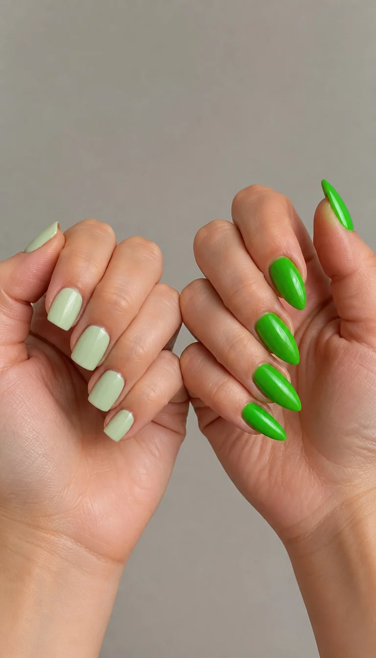 Dual Length Neon Comparison close-up shot of two hands with five fingers showing nails, left hand with short square light green nails, right hand with long stiletto bright green nails, neutral background.