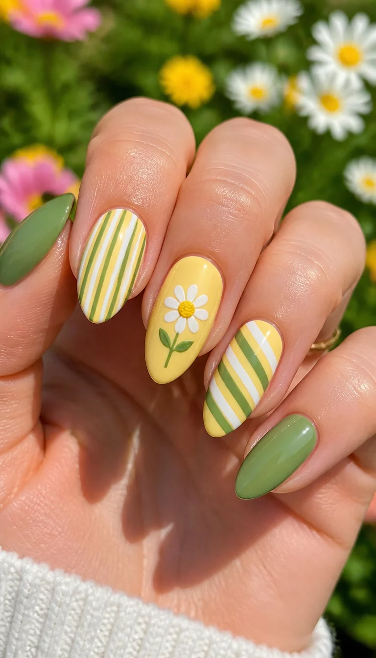Stripped And Flowered Garden Mix close-up shot of a woman’s hand with five fingers showing nails with medium length almond nails with solid green, yellow and white stripes, and daisy designs, bright garden background.