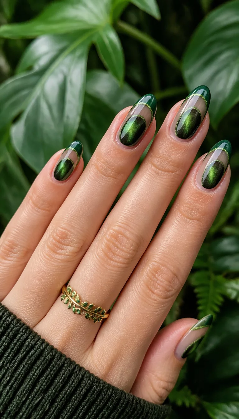 Lush Nature And Cat Eye Effects close-up shot of a woman’s hand with five fingers showing nails with striking green cat-eye effect and French tips with green accents, lush green foliage background.