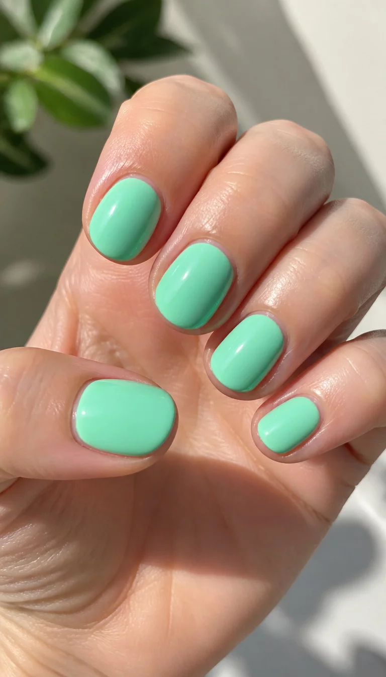 High Gloss Vibrant Mint close-up shot of a woman’s hand with five fingers showing nails with short oval nails painted vibrant mint green with a glossy finish, bright summer light.