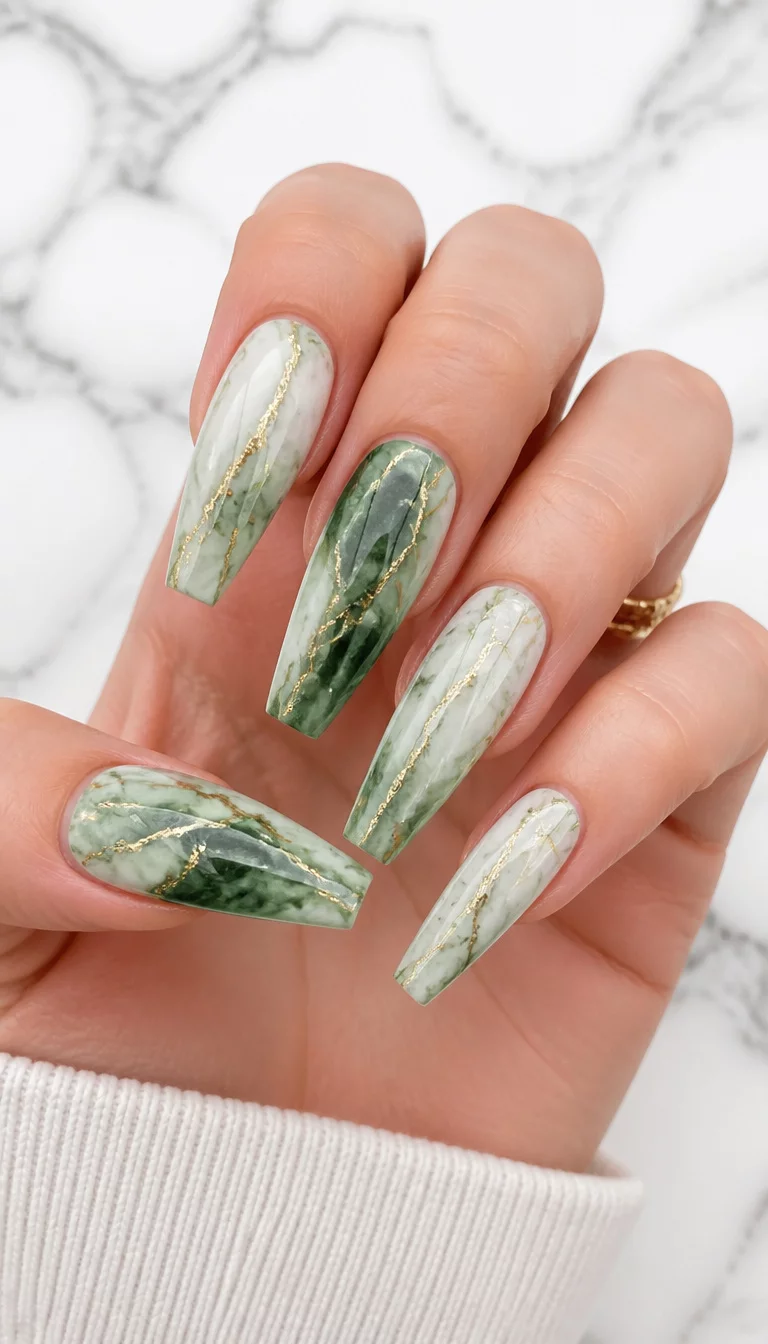 Luxurious Jade Marble Coffin Nails close-up shot of a woman’s hand with five fingers showing nails with long coffin-shaped nails with a marbled green and white design and gold veins, white marble background.
