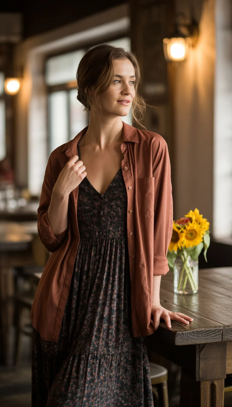 Floral Maxis and Rust Shirts A beautiful 35-year-old woman in a dark floral maxi dress and an open rust-colored shirt, she poses in a rustic restaurant interior with warm lighting.