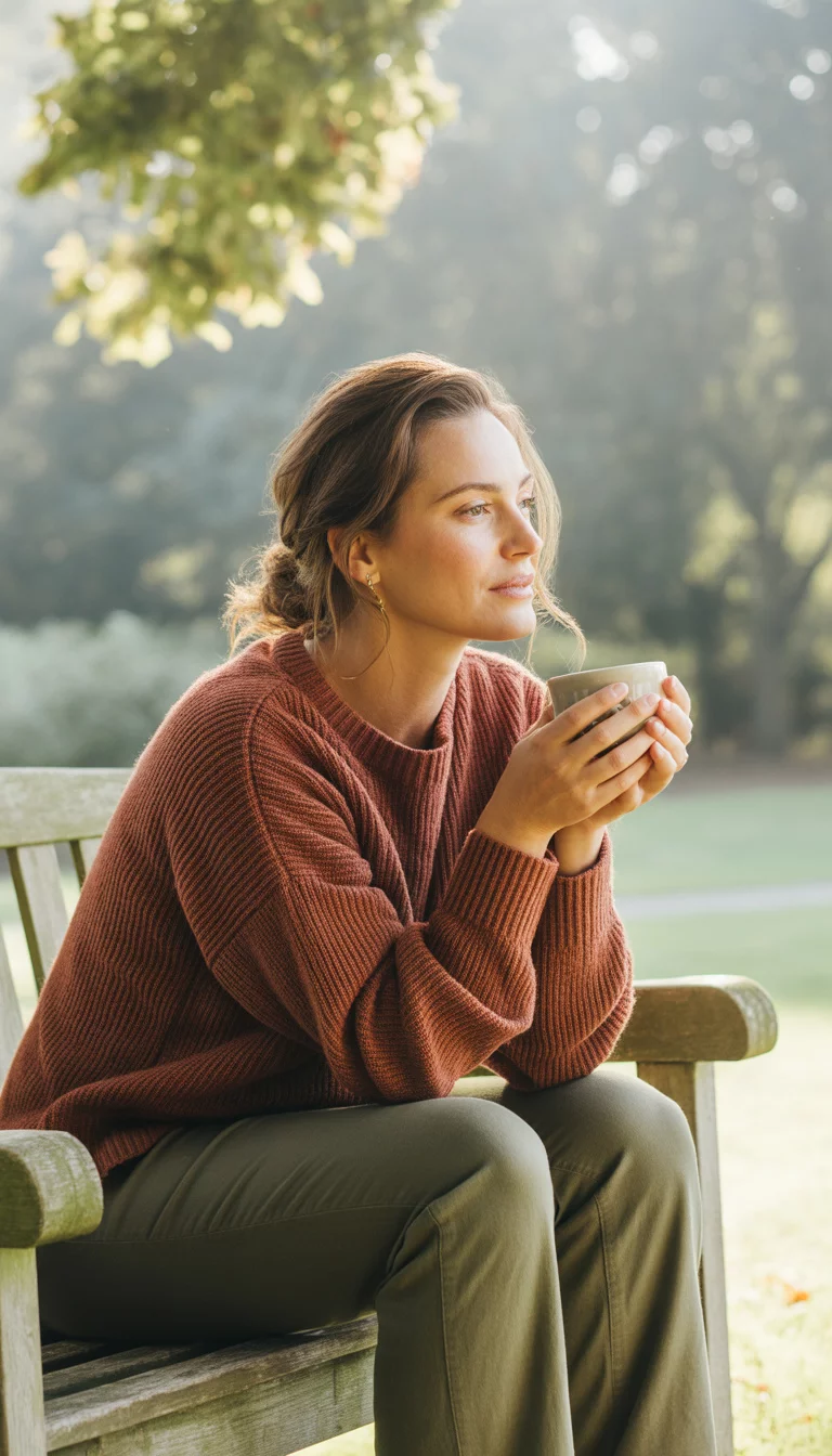 Rust Knits and Olive Earth Tones A beautiful 32-year-old woman in a rust-colored chunky knit sweater and olive green pants, she holds a white coffee cup while sitting on a wooden bench.