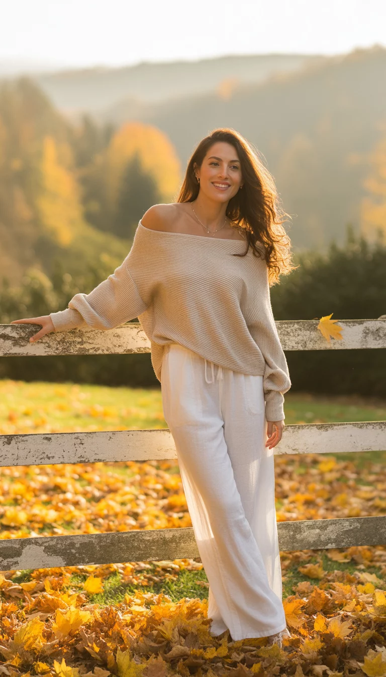 Off Shoulder Sophistication A beautiful 33-year-old woman in a beige off-shoulder sweater and white pants, she stands by a white wooden fence surrounded by golden autumn leaves.