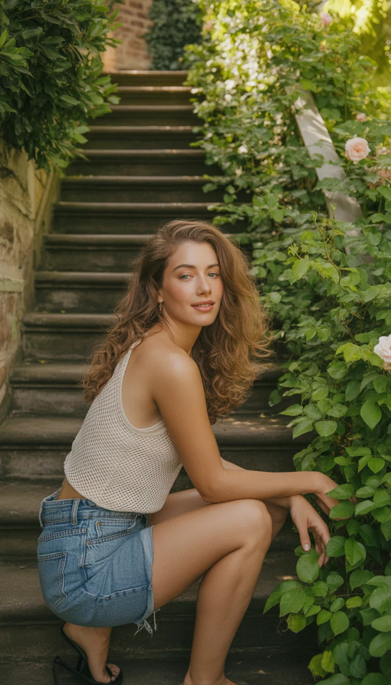 Lush Greenery and Distressed Denim A beautiful 25-year-old woman in a white mesh top and blue distressed denim shorts, she poses on stone stairs in a lush garden setting.