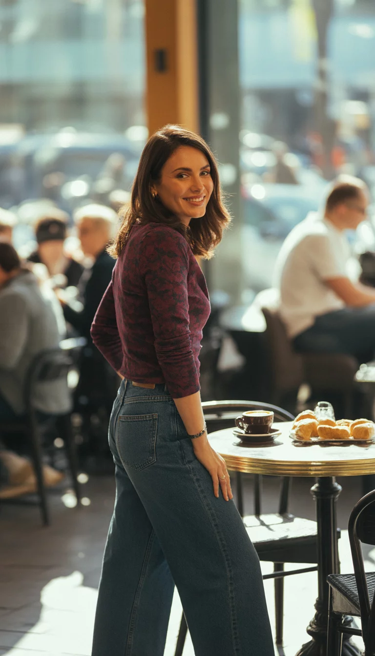 Burgundy Florals and Dark Wide Leg Jeans A beautiful 28-year-old woman in a burgundy floral top and wide-leg dark wash jeans, she smiles while standing in a trendy cafe.