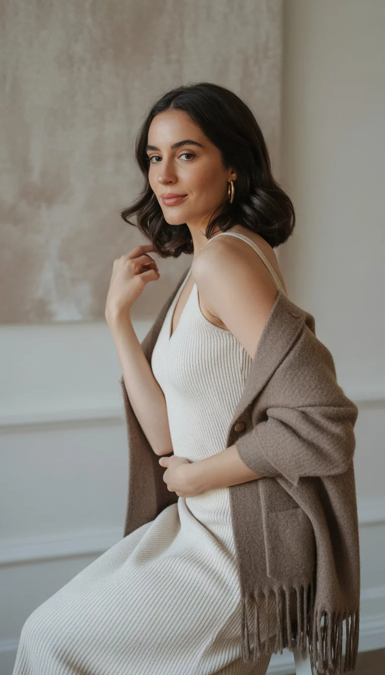 Ribbed Dresses and Fringe Details A beautiful 32-year-old woman in a cream ribbed midi dress and a brown fringed cardigan, she poses against a neutral wall.