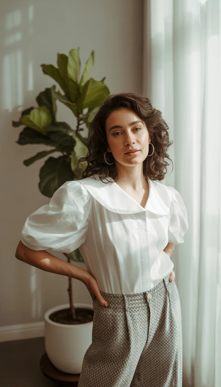Graphic Patterns and Puff Sleeves A beautiful 30-year-old woman with dark wavy hair in a white puff-sleeve blouse with a large collar and patterned trousers, she stands in a brightly lit room.