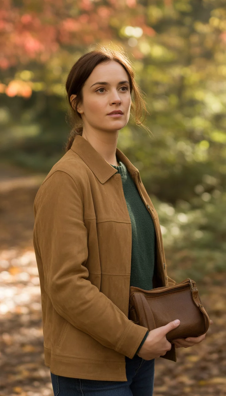 Suede Textures and Green Sweaters A beautiful 33-year-old woman in a tan suede jacket over a dark green sweater, she holds a small brown leather bag while standing on a leaf-strewn path.