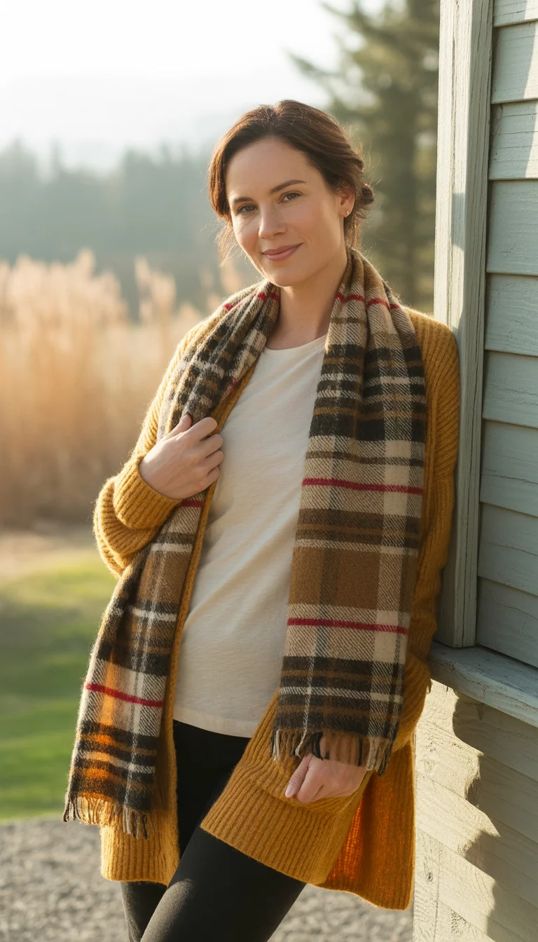 Mustard Cardigans and Plaid Accents A beautiful 31-year-old woman in a mustard yellow cardigan, white tee, and black leggings with a large plaid scarf, she stands outdoors in a breezy setting.