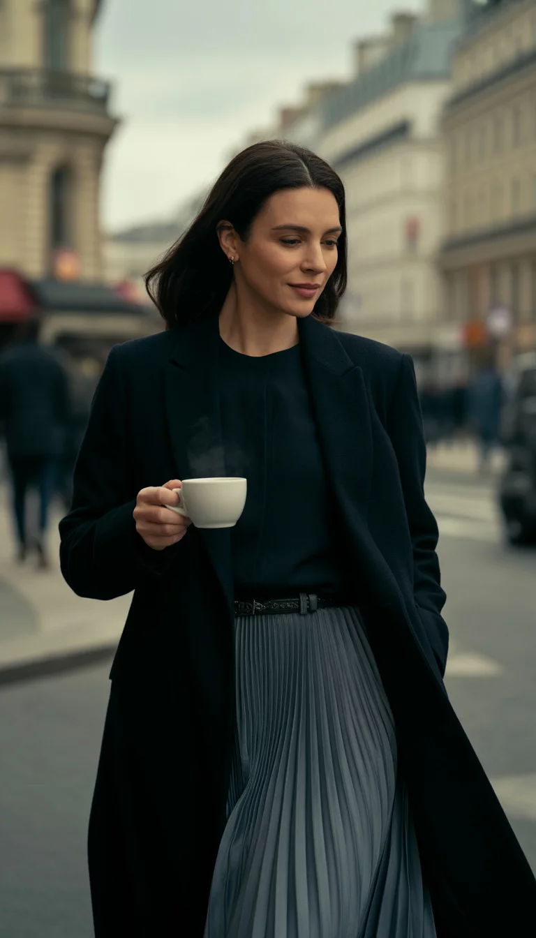 Parisian Chic in Grey Pleats A beautiful 38-year-old woman in a long black coat and grey pleated skirt, she walks through a Parisian street holding a white coffee cup in one hand.