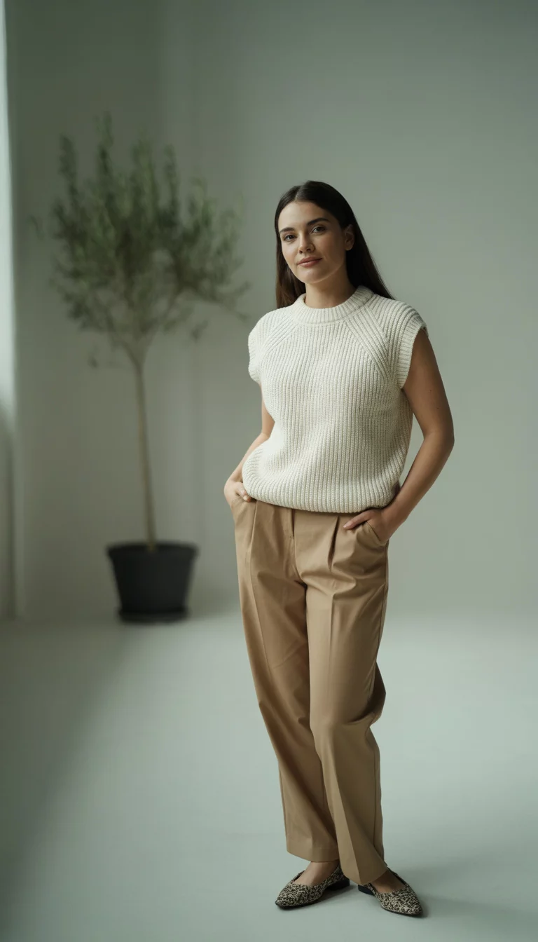 Chunky Knits and Camel Trousers A beautiful 27-year-old woman in a cream chunky knit sleeveless sweater and camel-colored trousers with patterned flats, she stands in a minimalist studio with soft lighting.