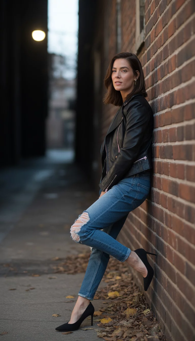Edgy Leather and Distressed Denim A beautiful 31-year-old woman in a black leather jacket, ripped blue jeans, and black high heels, she poses confidently against a rustic red brick wall in an urban alley.