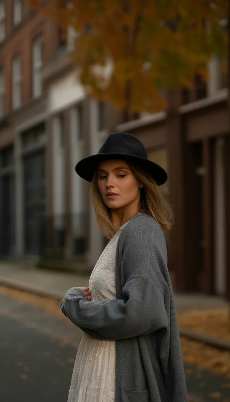 Boho Cardigans and Lace Details A beautiful 30-year-old woman in a black fedora and a grey oversized cardigan over a white lace dress, she stands on a quiet street with autumn leaves on the ground.