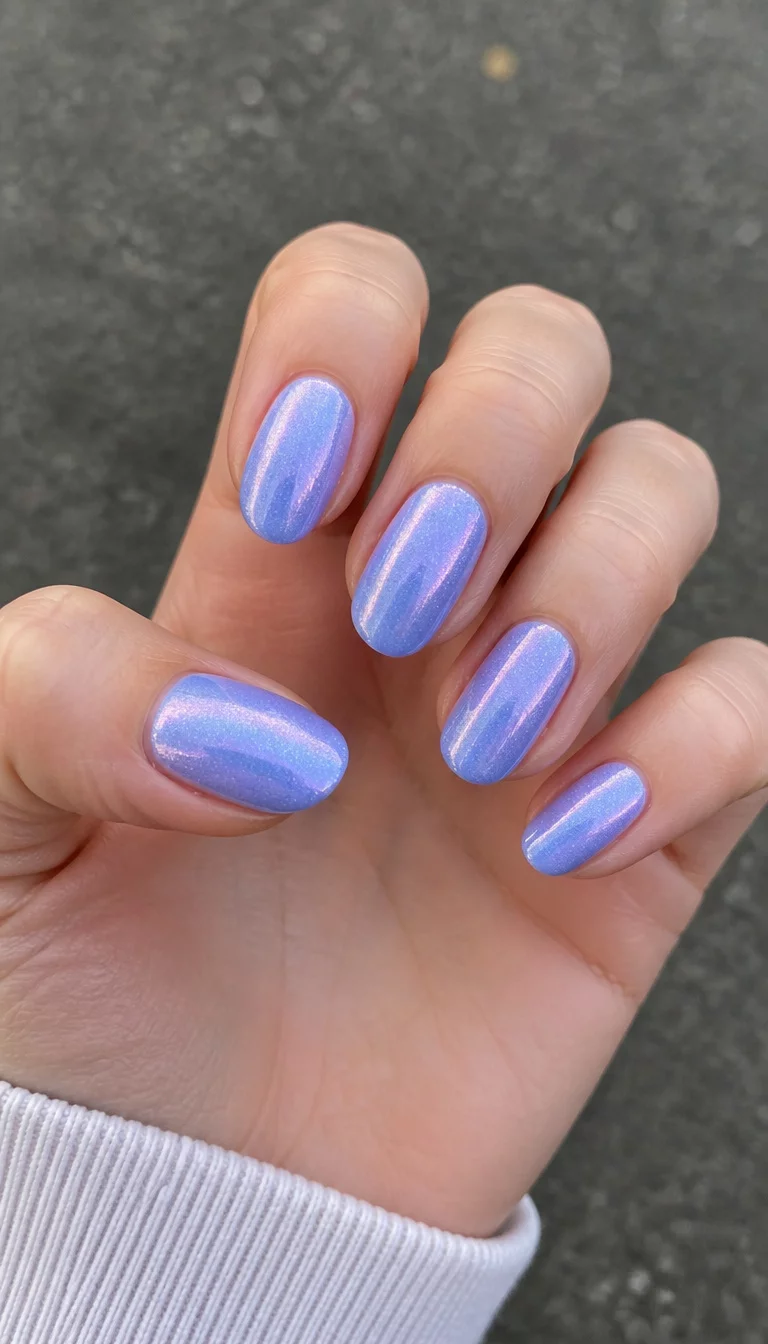close-up shot of a woman’s hand with five fingers showing nails with oval nails in a shimmering lavender-blue color with an iridescent finish, a blurry asphalt background.