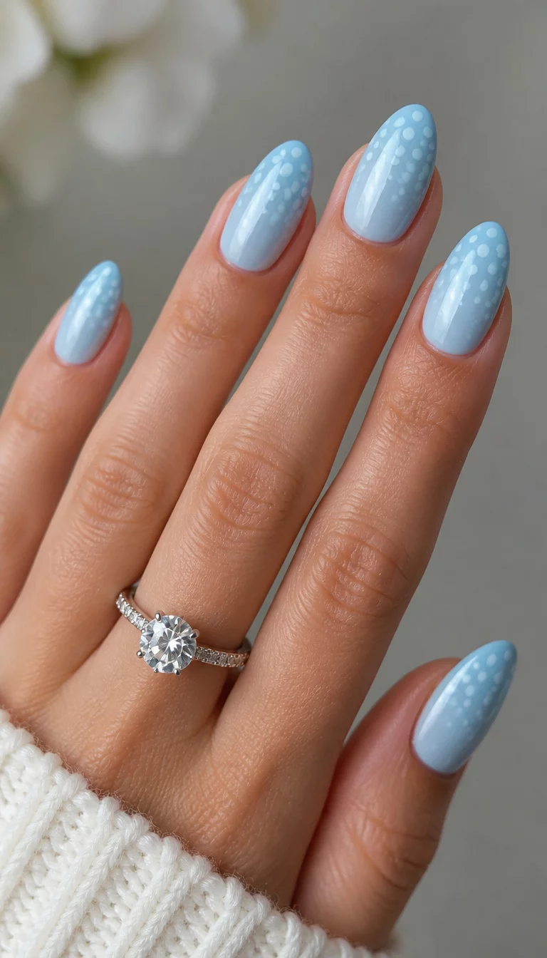 close-up shot of a woman’s hand with five fingers showing nails with almond-shaped nails in a soft light blue with a gradient of light blue polka dots, a silver ring with a large stone.