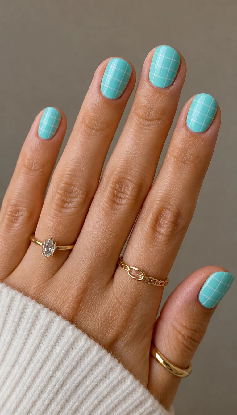 close-up shot of a woman’s hand with five fingers showing nails with short oval nails in a cool turquoise with a white grid pattern, a neutral background with rings on the fingers.
