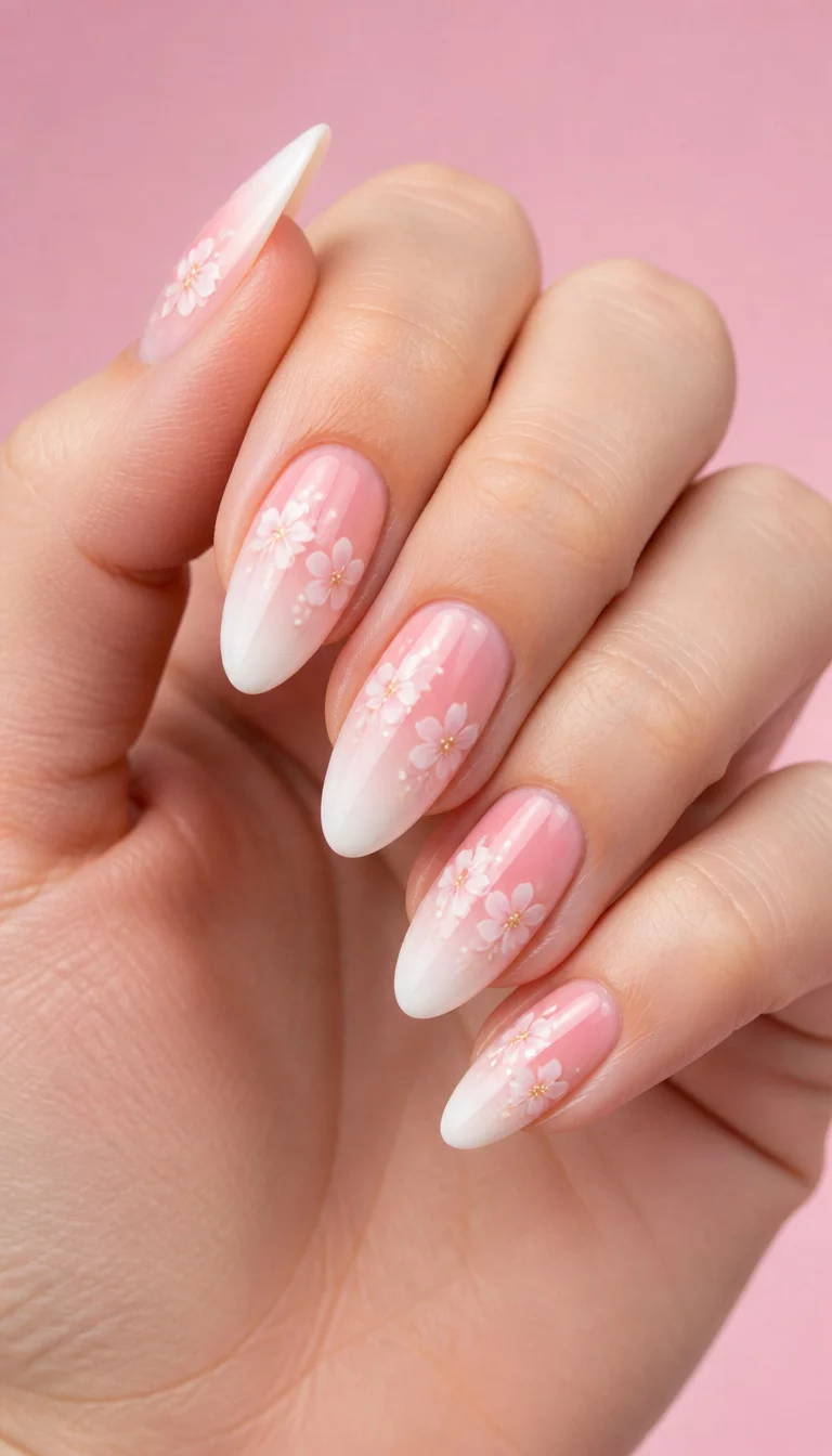 close-up shot of a woman’s hand with five fingers showing nails with almond-shaped nails in a pink to white ombre adorned with small white flowers, a soft pink background.