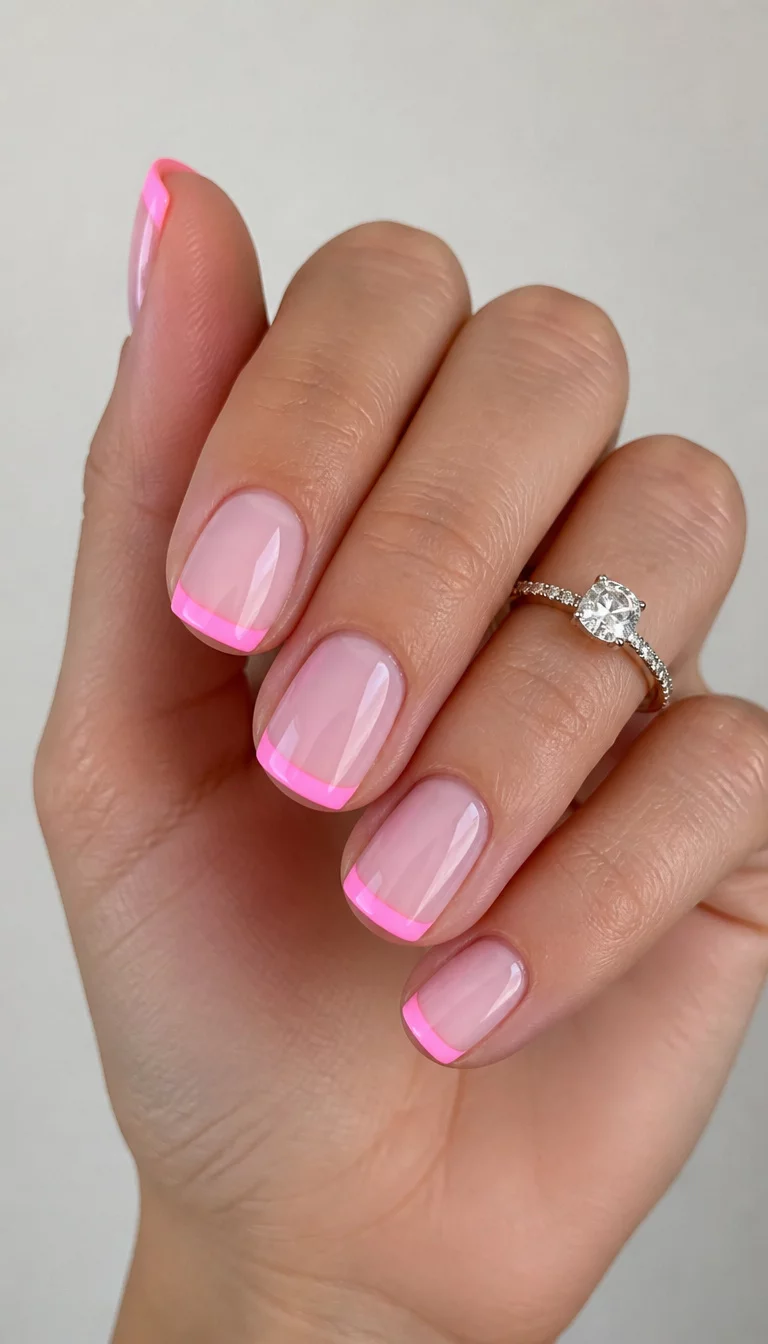 close-up shot of a woman’s hand with five fingers showing nails with short square-shaped nails featuring a pale pink base with bright pink French tips, a simple background with a diamond ring visible.
